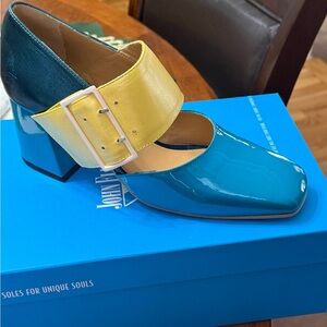 John Fluevog Teal Patent Mary Jane with Yellow Strap